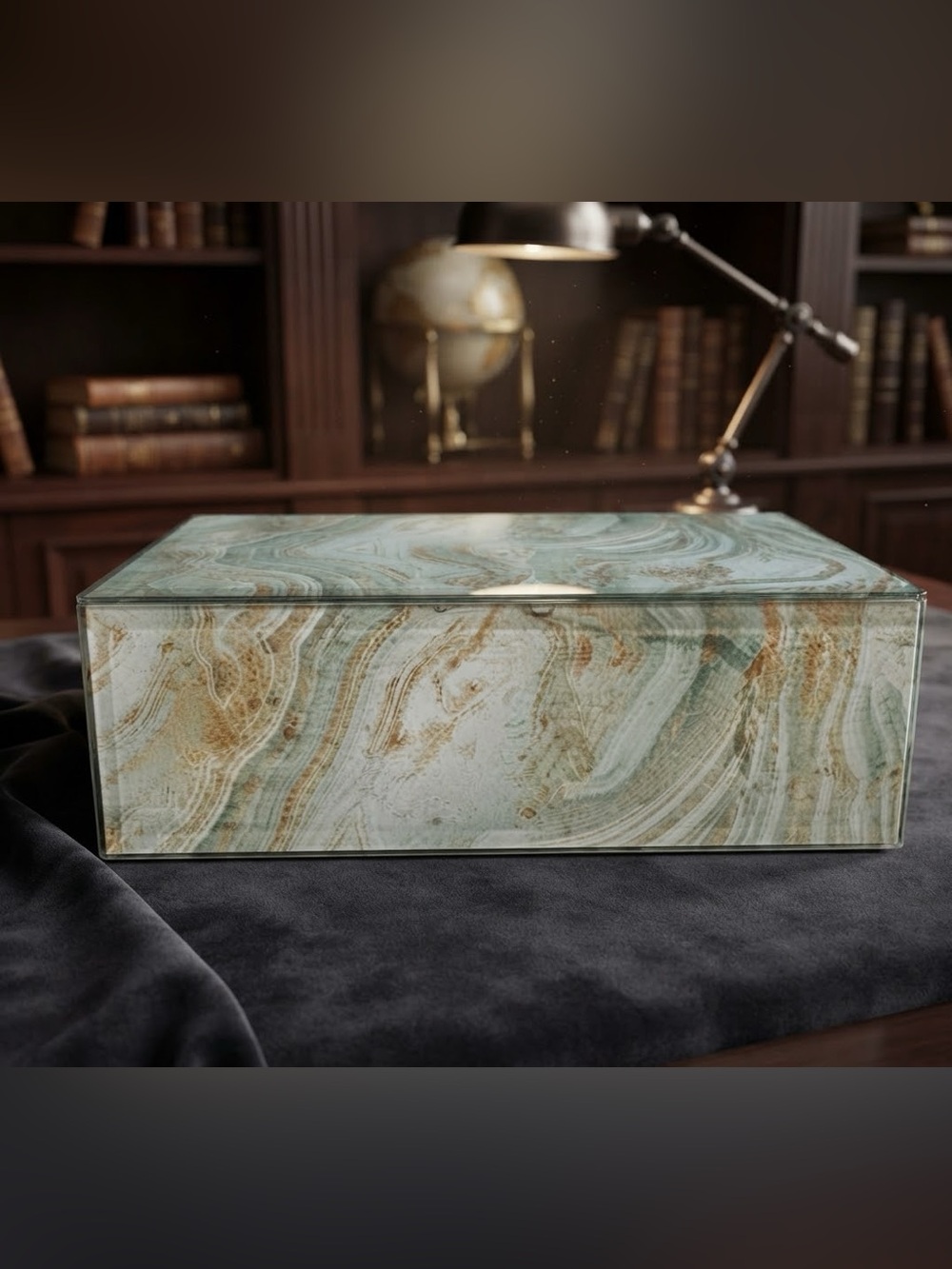 Marble-Pattern Decorative Storage Box in Sage and Gold Tones